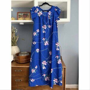 Vintage Hukilau Fashions Hawaiian Dress Size M/L Blue Floral Maxi Mumu